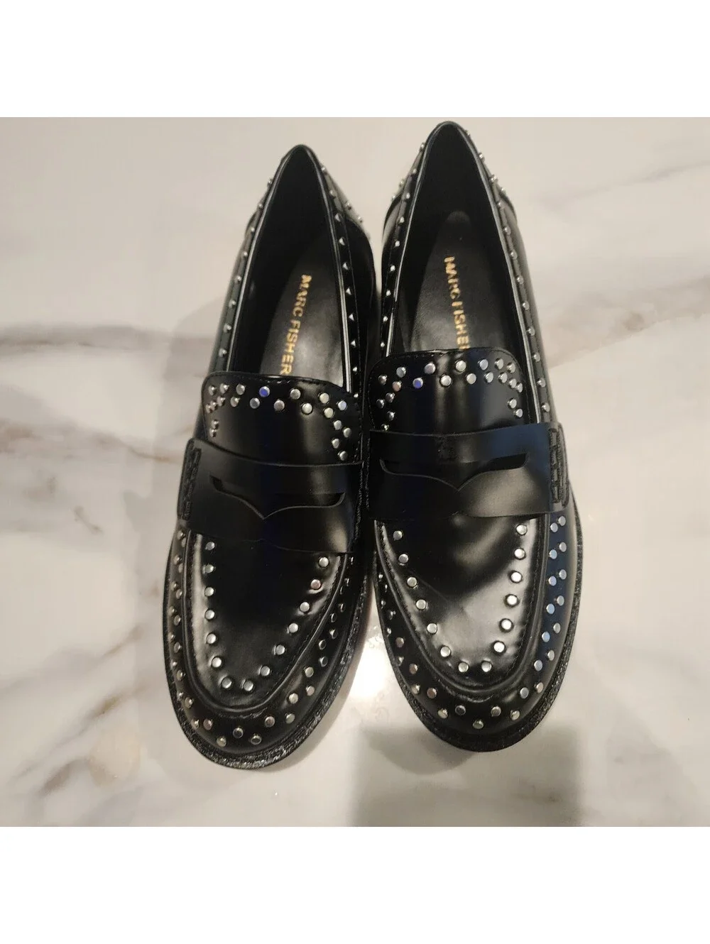 Marc Fisher Black Leather Studded Penny Loafers Women’s Size 6.5